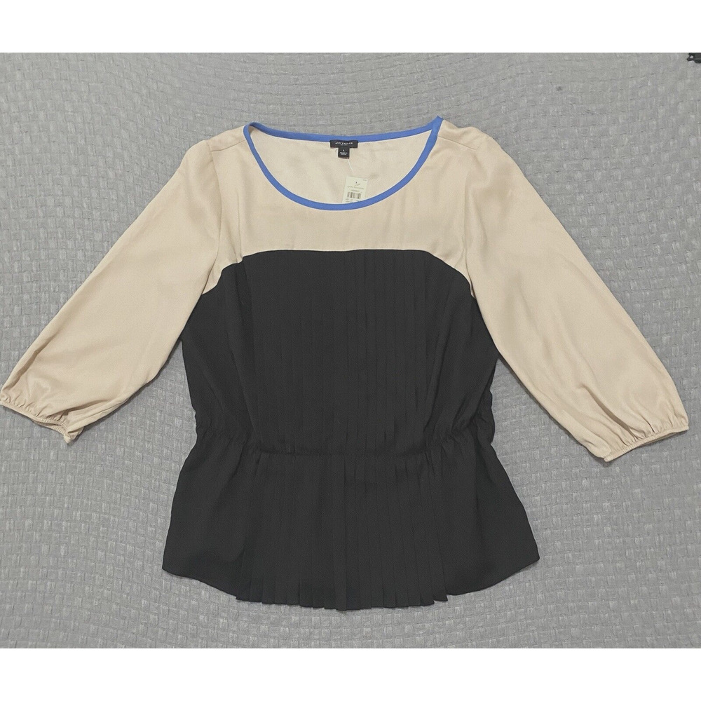 - Ann Taylor Peplum Top Blouse Womens Sz L Black Beige Pintuck Pleats NWT